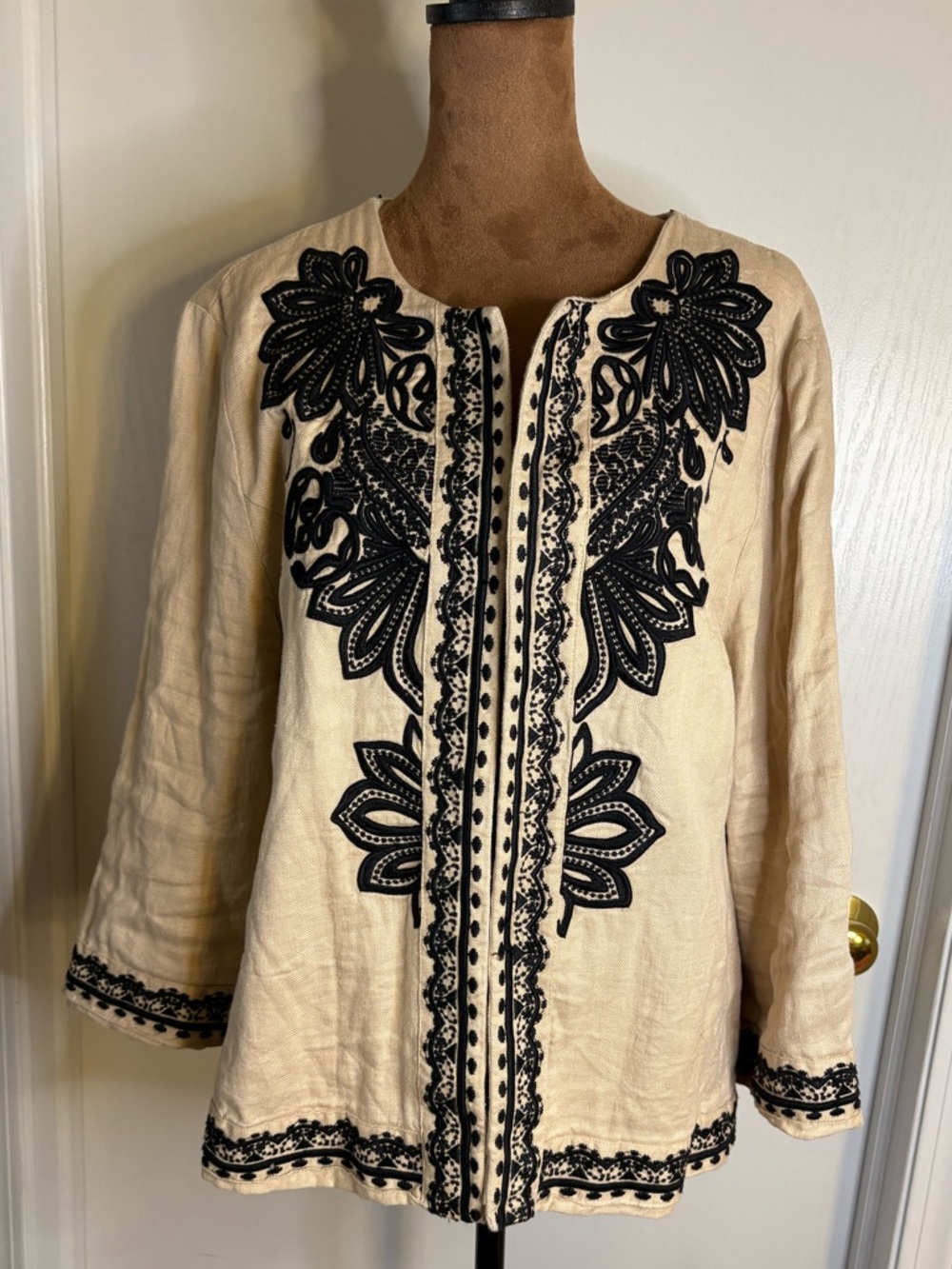 Chico's Linen Boho Open Jacket with Embroidery XL Cottagecore Art2wear